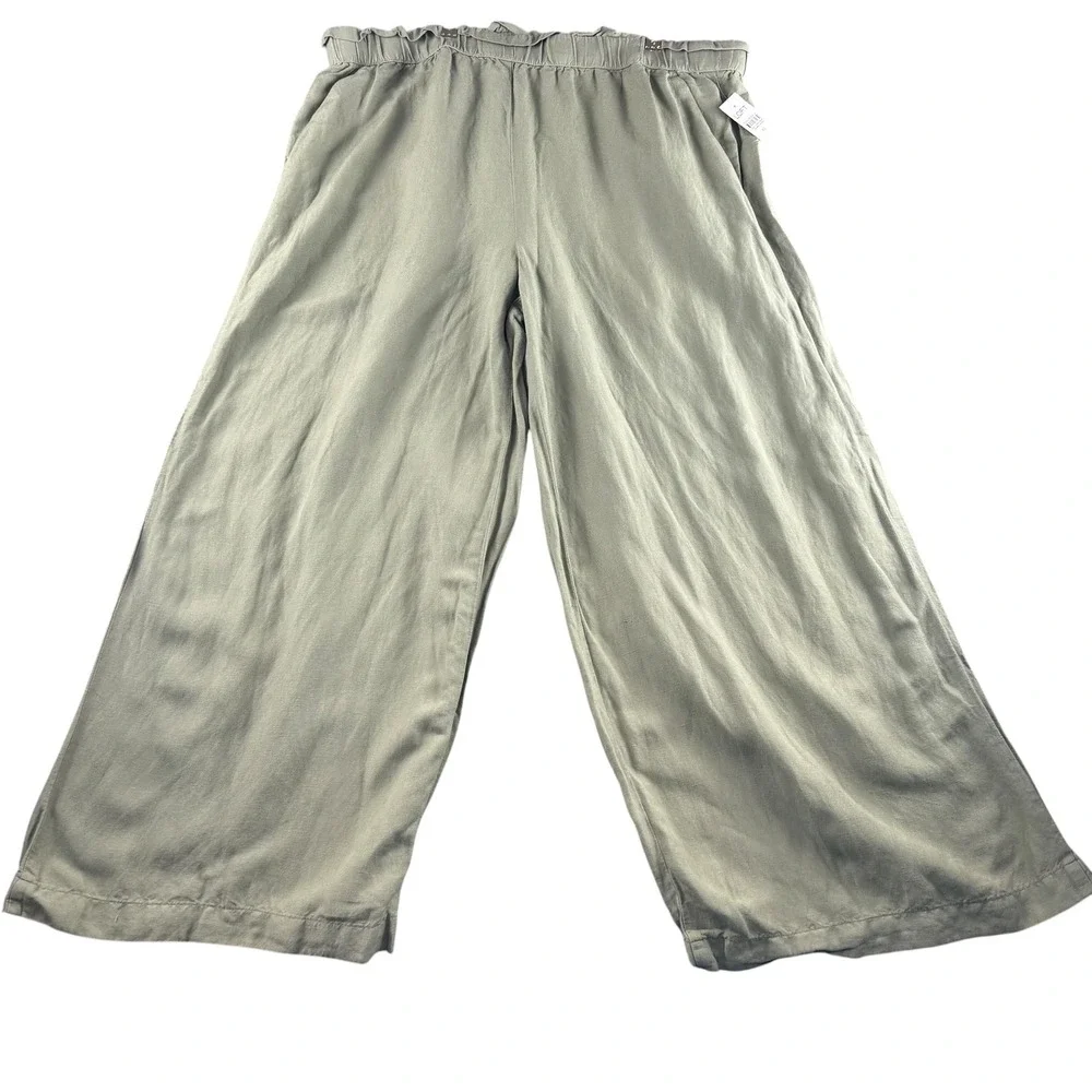 LOFT Womens XL Sage Green Linen Viscose Blend Wide Leg Elastic Waist Pants NEW